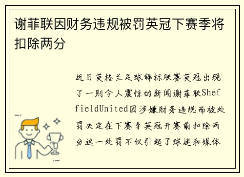 谢菲联因财务违规被罚英冠下赛季将扣除两分